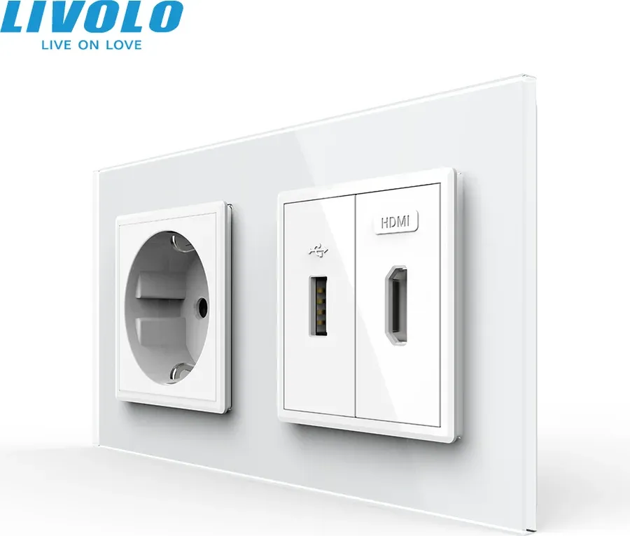 Розетка LIVOLO з USB 10Вт, інтернет портом RJ-45 і HDMI, біла, настінна дизайнерська, скляна рамка