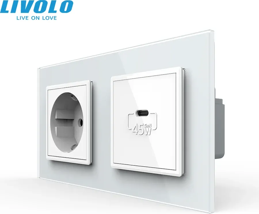 Розетка LIVOLO з USB-C Power Delivery 45Вт, біла, настінна дизайнерська, скляна рамка