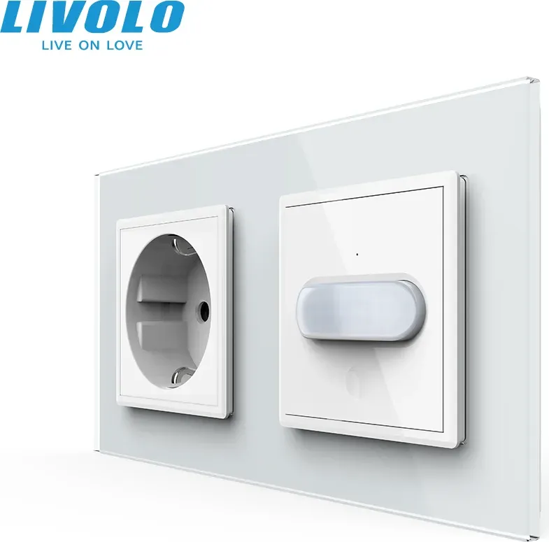 Розетка LIVOLO із заземленням і датчиком руху, біла, настінна дизайнерська, скляна рамка, 250В 16А