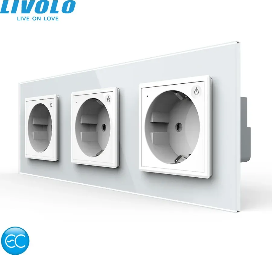 Розумна потрійна електрична розетка LIVOLO із заземленням, шторки, біла, скляна рамка, 250В 16А