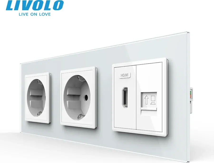 Розетка LIVOLO з HDMI і Інтернет RJ-45, біла, настінна, скляна рамка