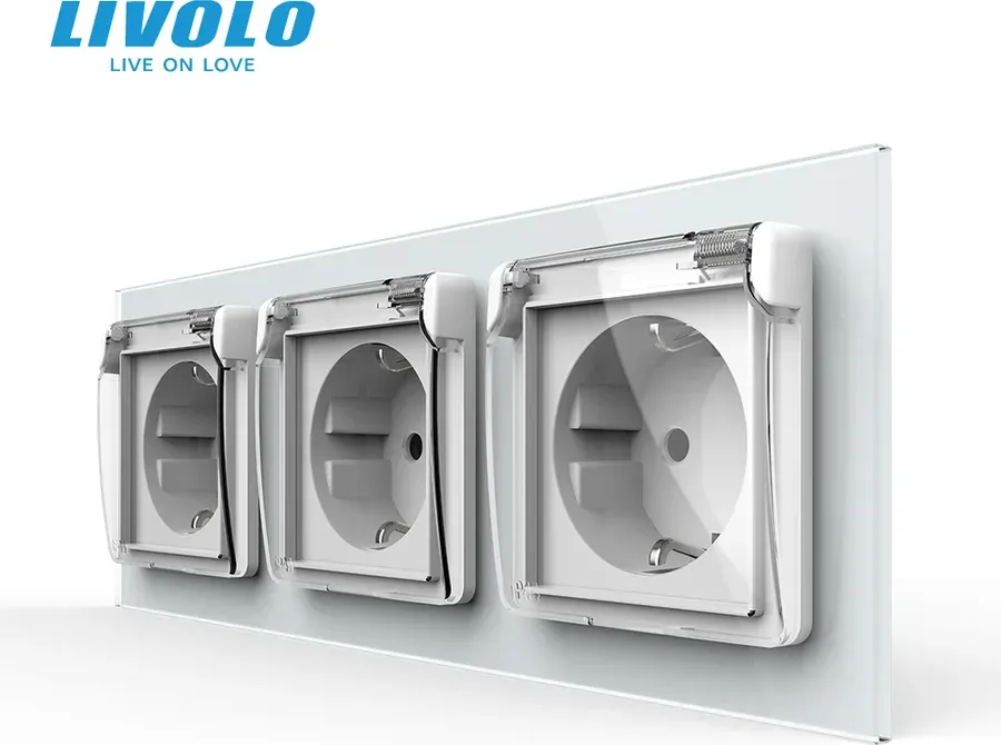Потрійна електрична розетка LIVOLO з кришкою IP44, із заземленням, шторки, біла, скляна рамка, 250В 16А