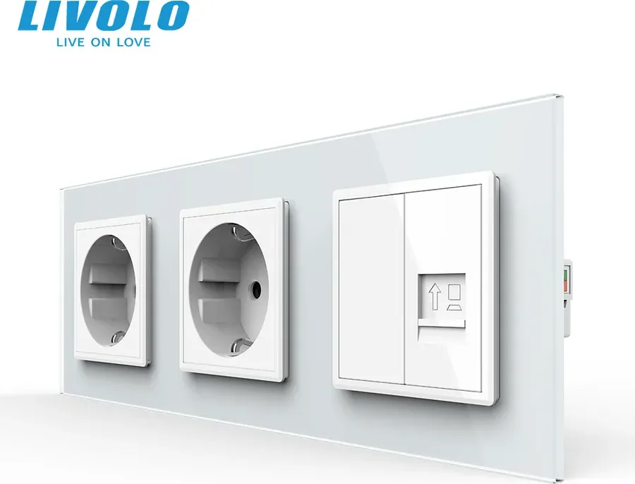 Розетка тримісна LIVOLO Силова + Інтернет RJ-45, біла, настінна, скляна рамка
