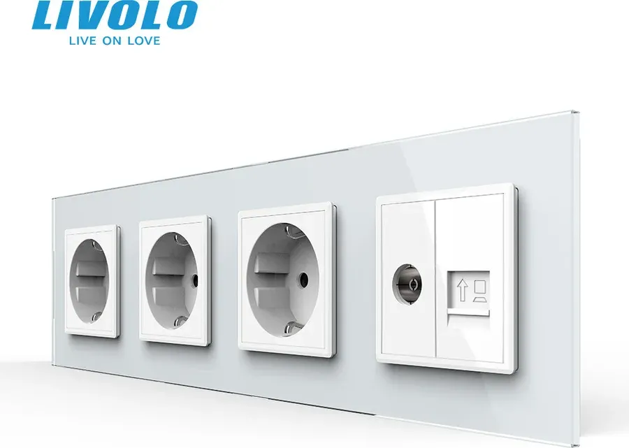 Розетка чотиримісна LIVOLO Силова + Інтернет RJ-45 + ТБ, біла, настінна, скляна рамка