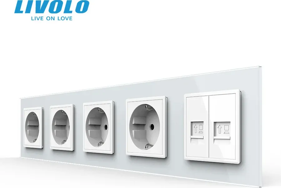 Розетка п’ятимісна з двома інтернет портами RJ-45, LIVOLO біла, настінна дизайнерська, скляна рамка