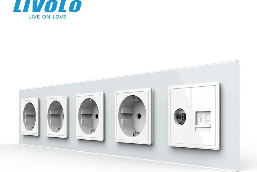 Розетка п’ятимісна LIVOLO Силова + Інтернет RJ-45 + ТБ, біла, настінна, скляна рамка