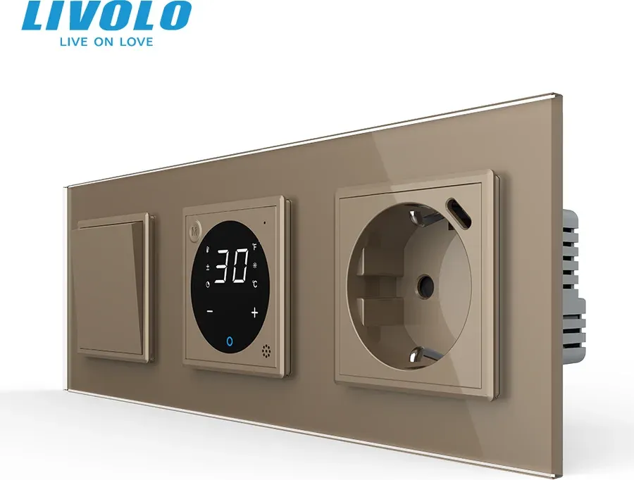 Терморегулятор сенсорний для теплої підлоги LIVOLO з вимикачем і розеткою USB Type-C 18Вт, золото, скло