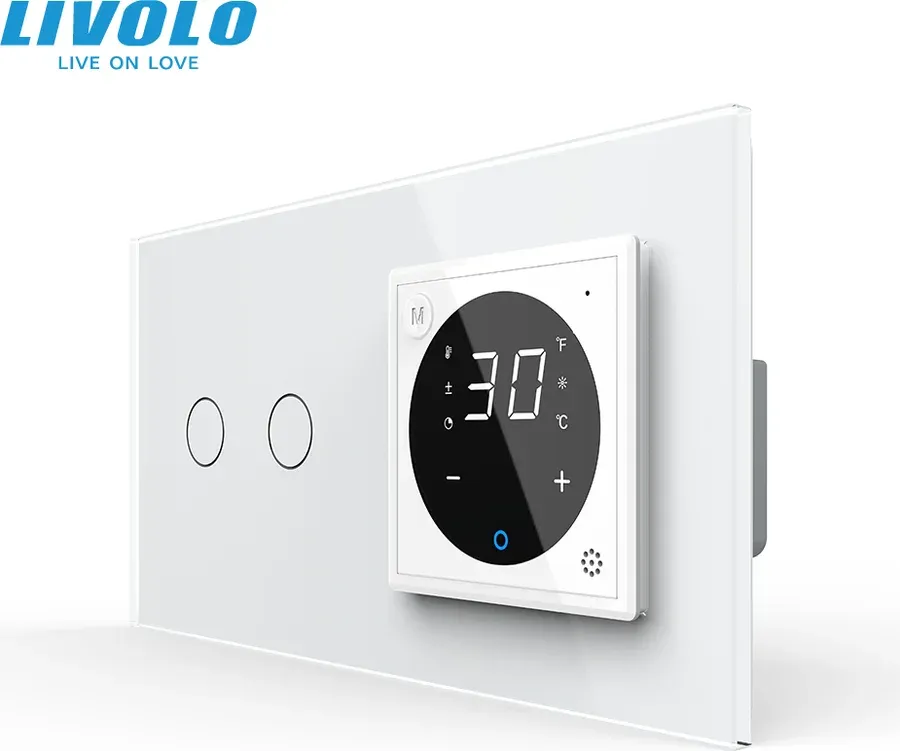 Розумний терморегулятор LIVOLO з керуваннямз телефона, подвійний прохідний вимикач, білий, скляна рамка