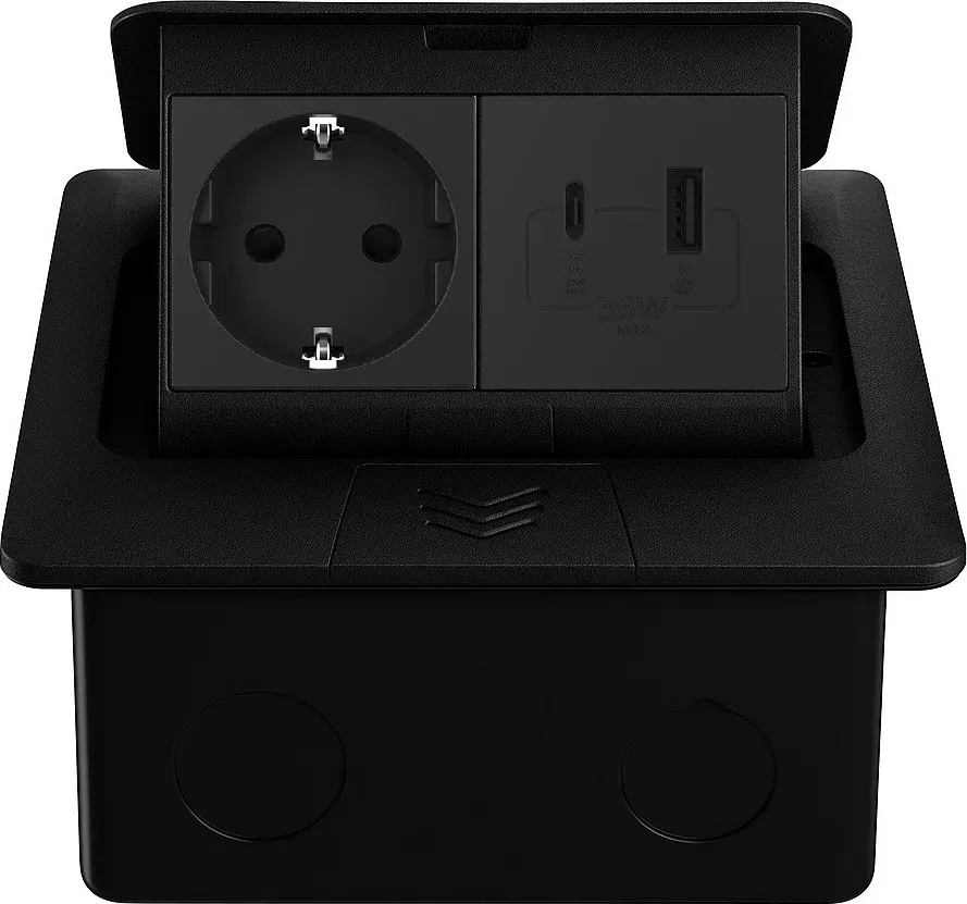 Розетка підлогова LIVOLO з USB-A та USB Type-C 36 Вт, вбудована, IP44, плавне відкриття, алюміній, чорна
