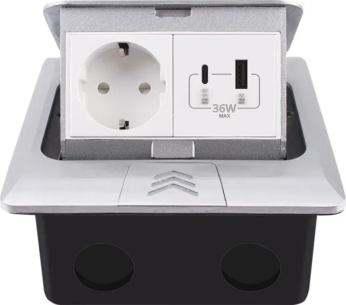 Розетка підлогова LIVOLO з USB-A та USB Type-C 36 Вт, вбудована, IP44, плавне відкриття, алюміній, срібна