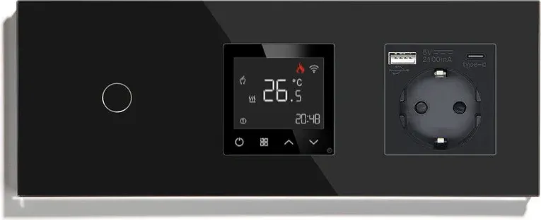 Розумний терморегулятор LUXION з керуваннямз телефона, вимикач з розеткою USB A+C 20Вт, чорний, скло