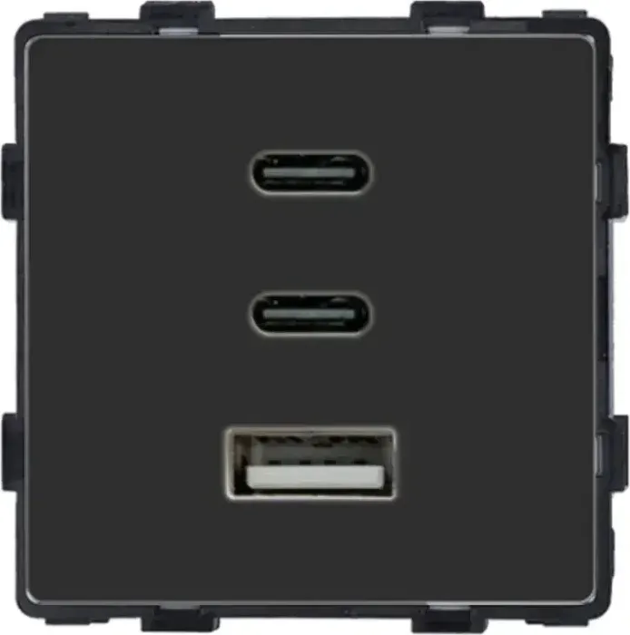 Розетка USB Type-C 65Вт, LUXION, чорна скляна рамка, настінна, дизайнерська, швидка зарядка