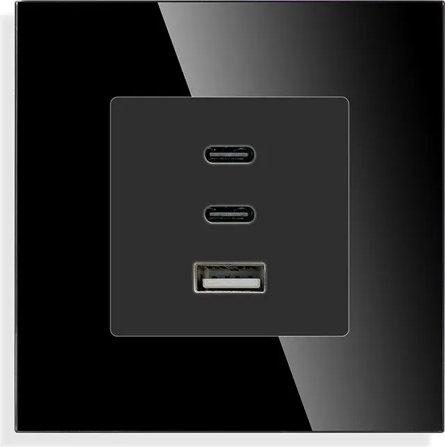 Розетка USB Type-C LUXION з 65Вт, чорна, настінна, дизайнерська, скляна рамка