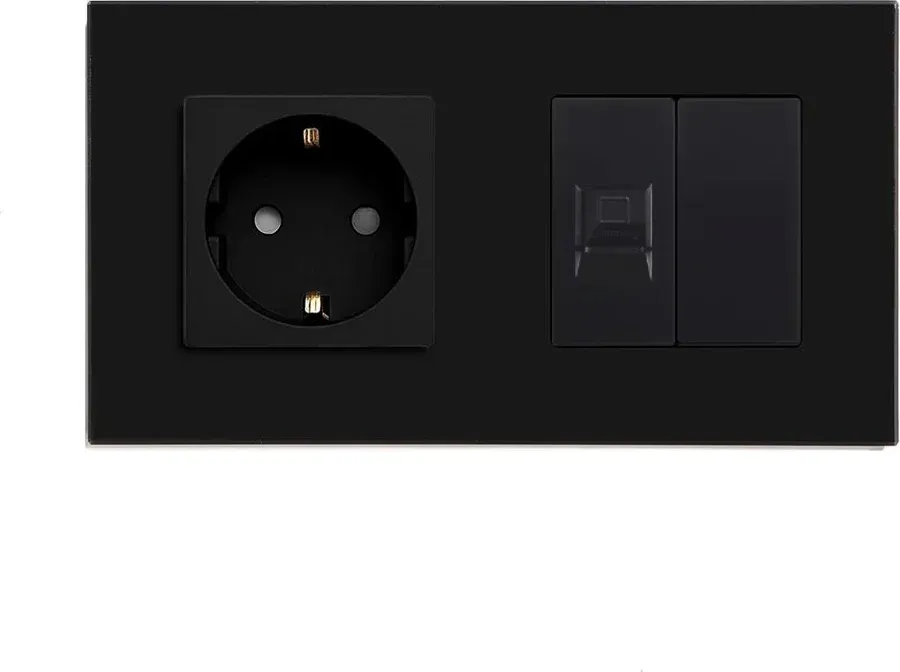 Розетка LUXION силова + інтернет (RJ-45), чорна, настінна дизайнерська, скляна рамка