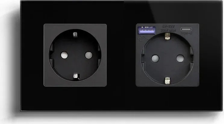 Подвійна розетка LUXION з USB A+C 20Вт, із заземленням, шторки, чорна, скляна рамка, 250В, 16А