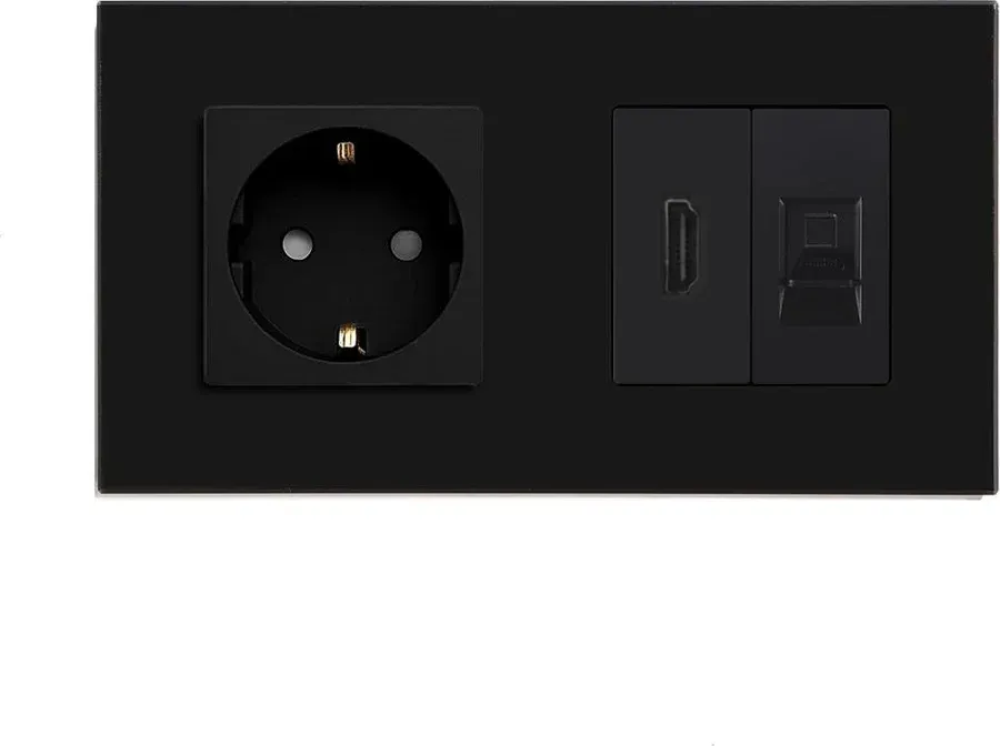 Розетка LUXION з HDMI і інтернет портом RJ-45, чорна, настінна дизайнерська, скляна рамка