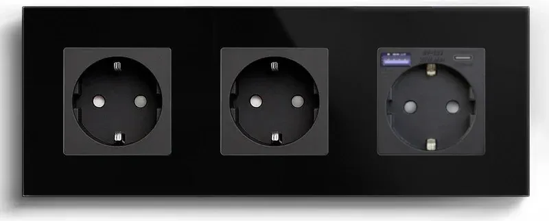 Розетка LUXION з USB A+C 20Вт, із заземленням, шторки, чорна, скляна рамка, 250В 16А