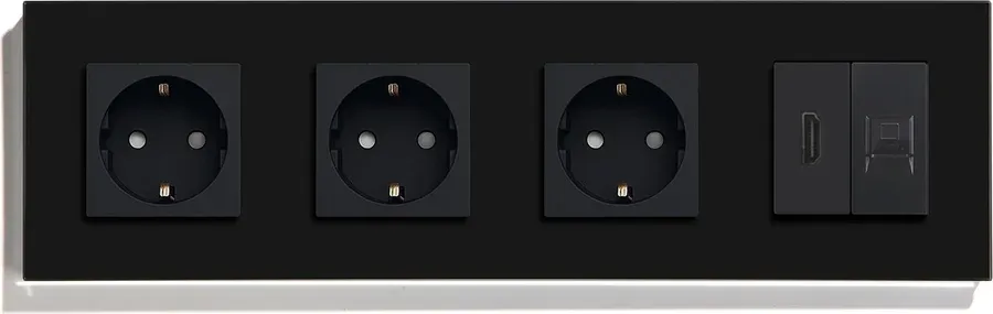 Розетка чотиримісна з HDMI і Інтернет RJ-45, LUXION чорна, настінна, скляна рамка