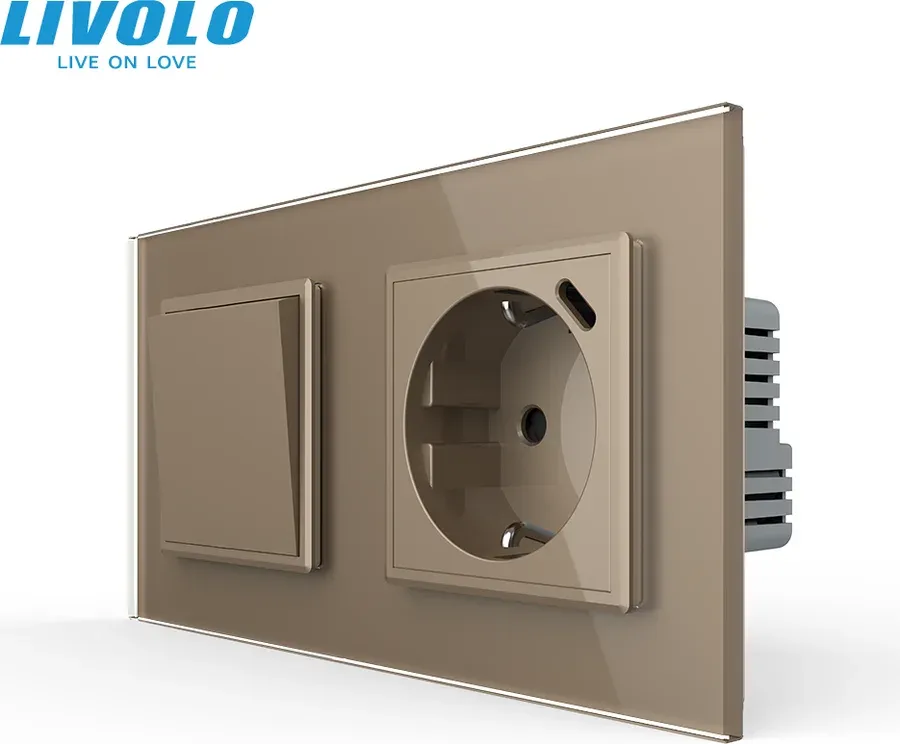 Перехресний вимикач LIVOLO з розеткою та USB Type-C 18Вт, золото, скло, із заземленням і захисними шторками