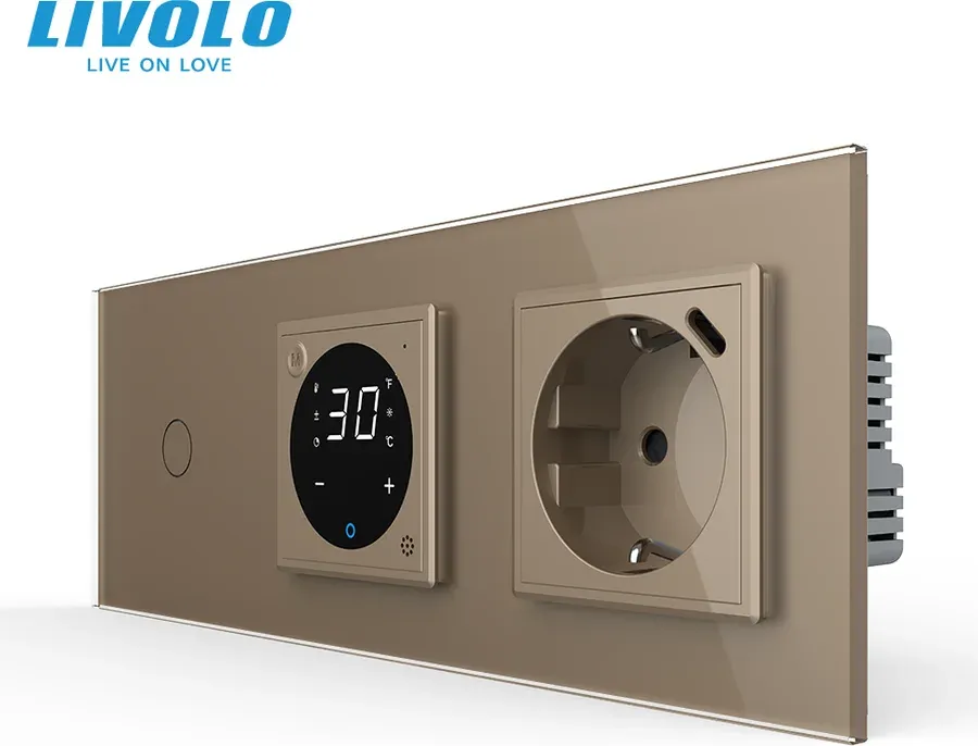 Прохідний сенсорний димер LIVOLO з терморегулятором і розеткою з USB Type-C 18Вт, золотий, скло, заземлення