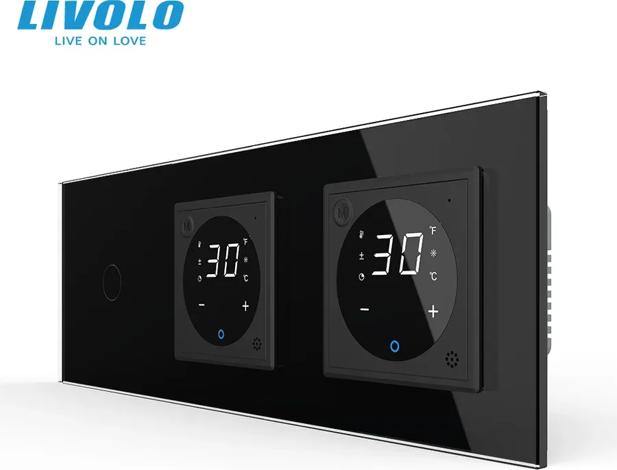 Сенсорний димер LIVOLO з двома терморегуляторами, чорний, скло, 16A 230V