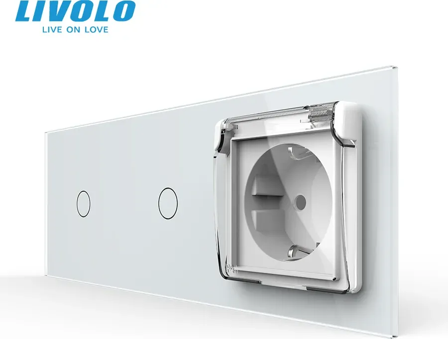 Прохідний сенсорний димер LIVOLO 2 сенсори (1-1) з розеткою IP44, кришка, 16A 230V, заземлення, білий скло