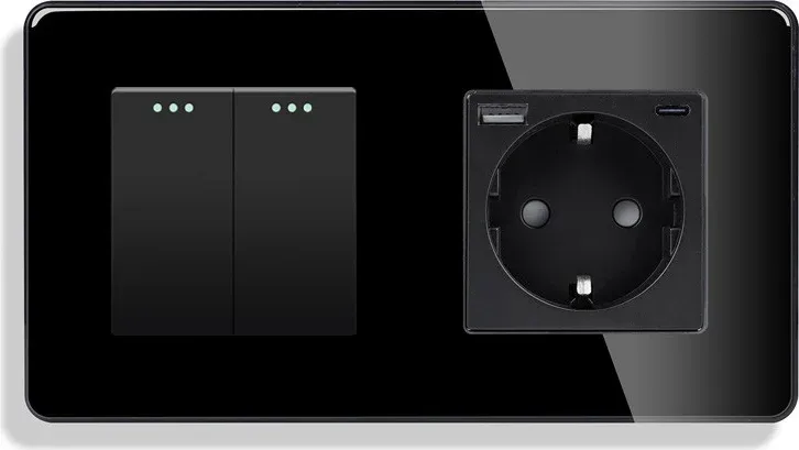 Універсальний подвійний вимикач (звичайний / прохідний) з розеткою USB A+C 20Вт, заземлення, ELIOS чорний скло