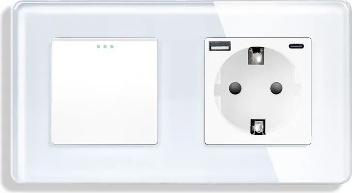 Універсальний вимикач (звичайний / прохідний) з розеткою з USB A+C 20Вт, заземлення, ELIOS білий скло