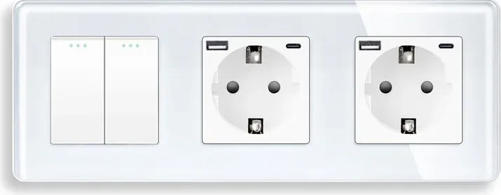 Вимикач універсальний 2-клавішний з двома розетками з USB A+C 20Вт, заземлення, ELIOS білий скло