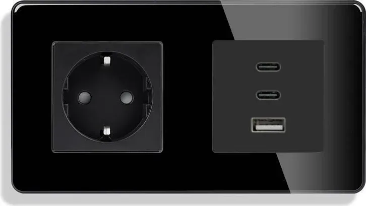 Розетка ELIOS з USB-A та USB-C 65Вт, чорна, настінна дизайнерська, скляна рамка