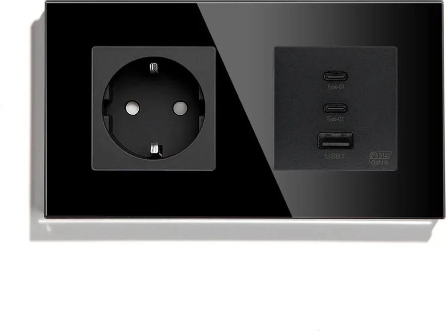 Розетка LUXION з USB-A та USB-C 65Вт, чорна, настінна дизайнерська, скляна рамка