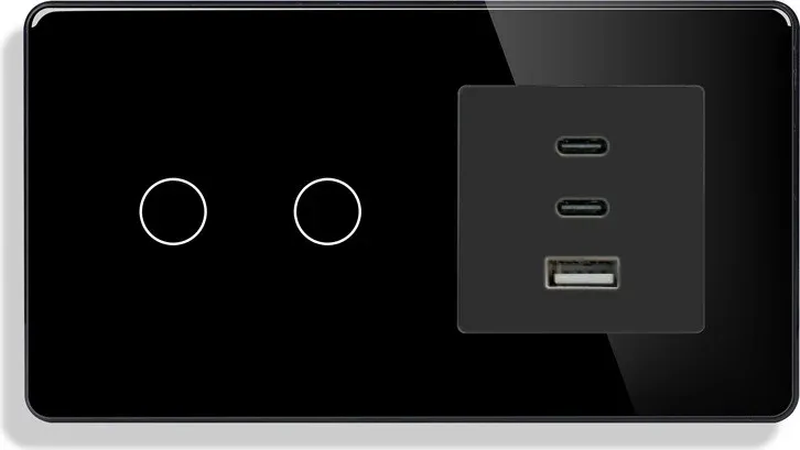 Сенсорний прохідний подвійний вимикач ELIOS з розеткою USB-A + USB-C 36 Вт чорний скляна рамка