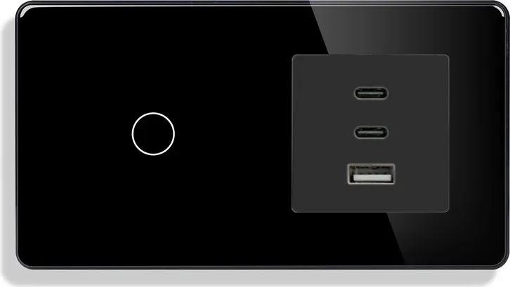 Сенсорний прохідний вимикач ELIOS з розеткою USB A+C+C 65Вт чорний скляна рамка