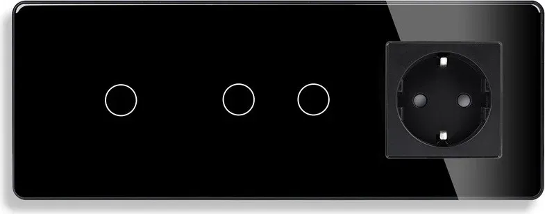 Сенсорний прохідний/перехресний вимикач 3 сенсори (1-2) з розеткою ELIOS чорний скло