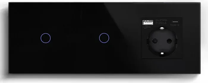 Розумний прохідний сенсорний вимикач 2 сенсори (1-1) з розеткою з USB A+C 20Вт, заземлення, LUXION чорний скло