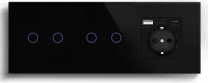 Розумний сенсорний вимикач 4 сенсори (2-2) з розеткою з USB A+C 20Вт, заземлення, шторки, LUXION чорний скло