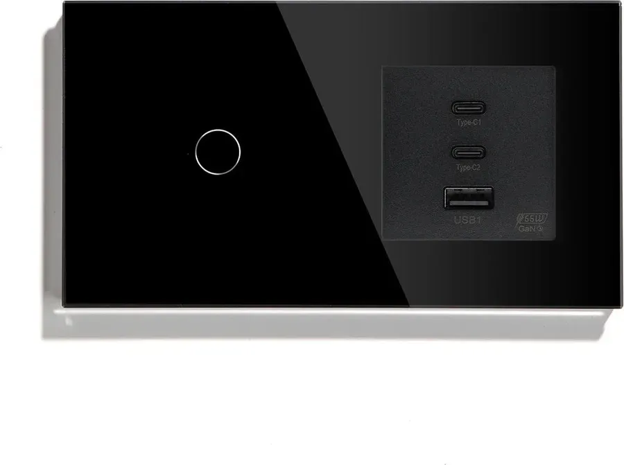 Розумний сенсорний прохідний вимикач LUXION з розеткою USB A+C+C 65Вт чорний скляна рамка