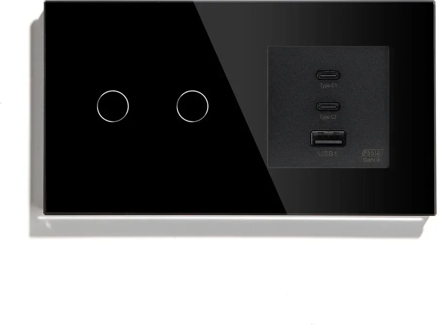Розумний сенсорний подвійний вимикач LUXION з розеткою USB A+C+C 65Вт чорний скляна рамка
