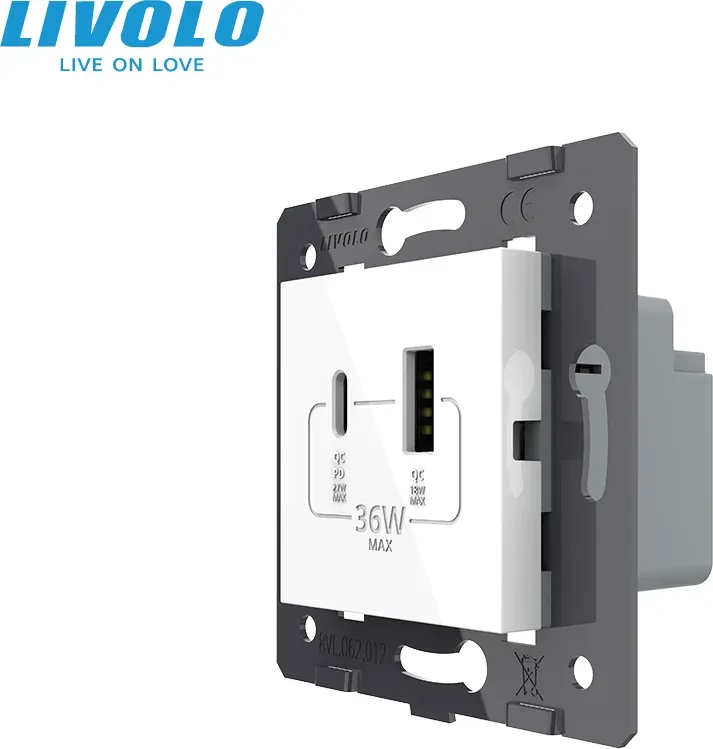 Розетка USB-A та USB-C LIVOLO з Power Delivery 36Вт, настінна, дизайнерська